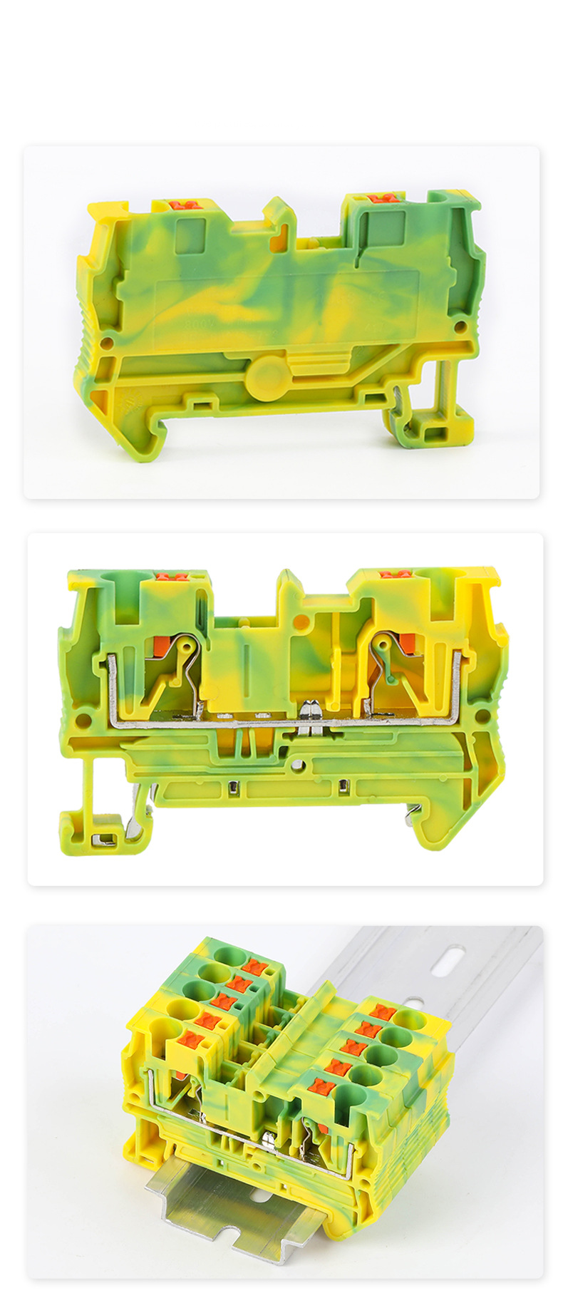 PT4-PE Push in Spring Direct Insertion Wiring Yellow Green Color Grounding NS35 Din Rail Terminal Block