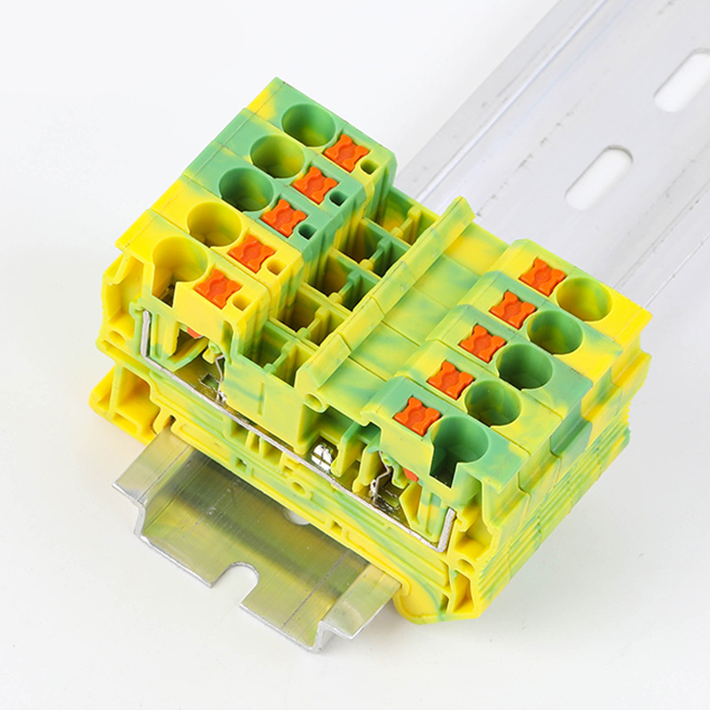 PT4-PE Push in Spring Direct Insertion Wiring Yellow Green Color Grounding NS35 Din Rail Terminal Block